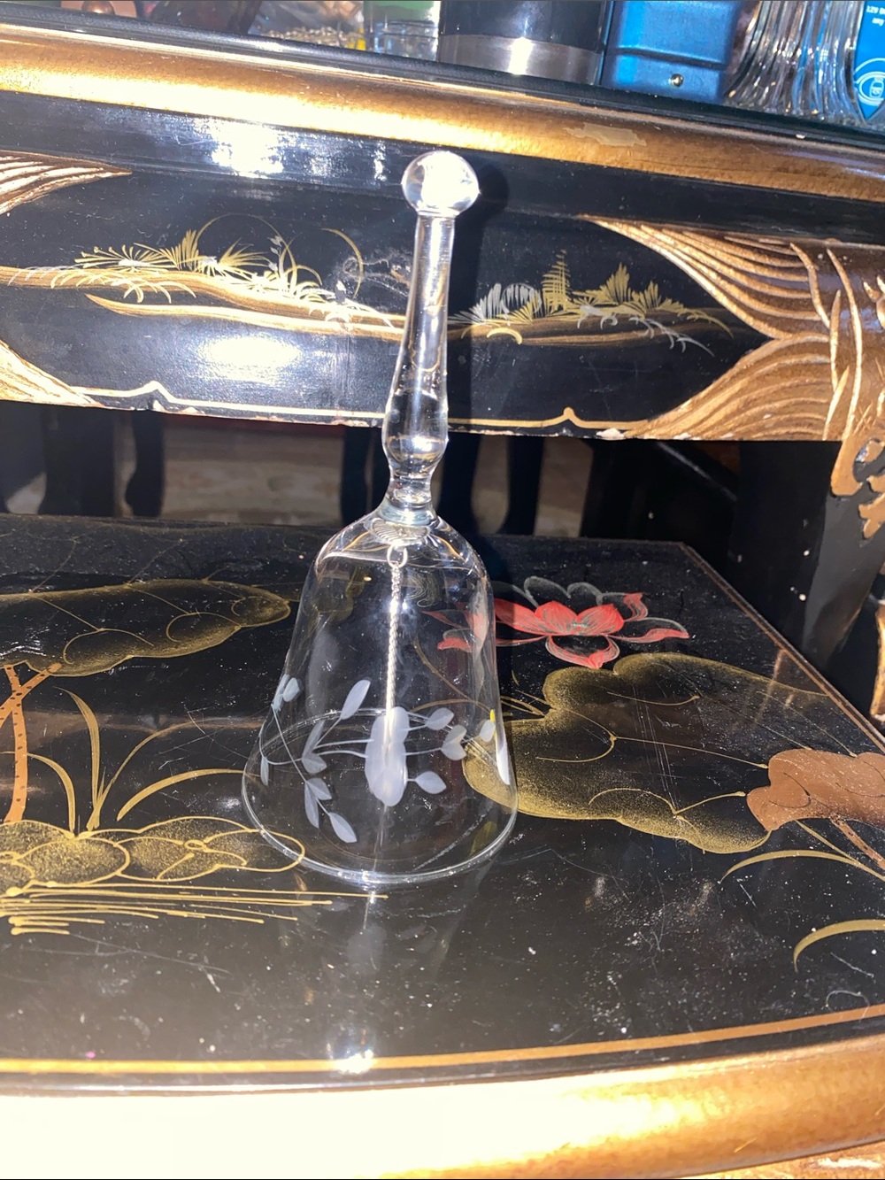 Princess House Clear Etched Glass Dinner Bell - White Floral Design